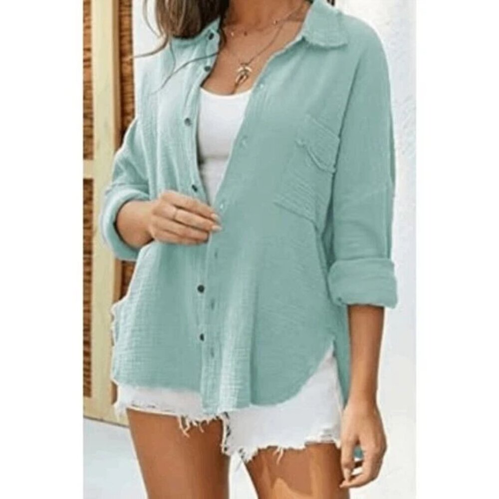 Tattered NWT Distressed Long Sleeve Button Down Cotton Shirt Shacket Pocket MED